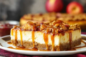 Easy Apple Crisp Cheesecake with Homemade Caramel Drizzle